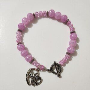 Hand Crafted Bracelet Mom Charm Lavender Quartz Crackle Beads Silver Clasp 10"